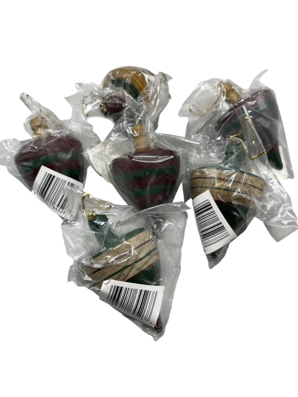 Christmas tree wood top set of 7 ornaments striped green gold 3" red READ NEW